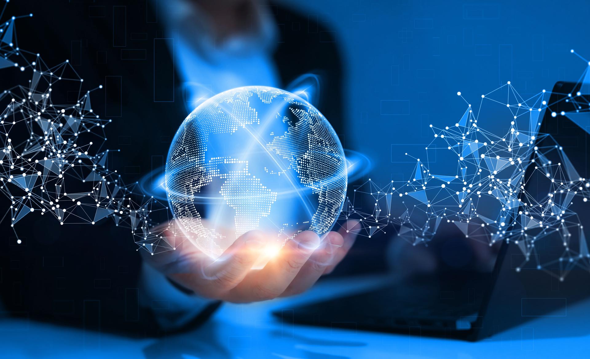 Global networking connection,science, innovation and communication technology.Next generation technology.Hand holding earth globe with data exchanges on connection technology.